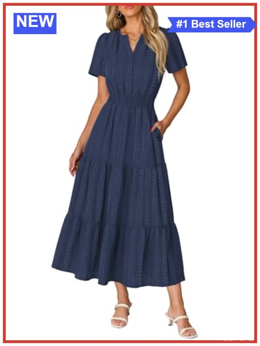Women's Summer Midi Maxi Dress Short Sleeve V-Neck A-Line Loose Fit